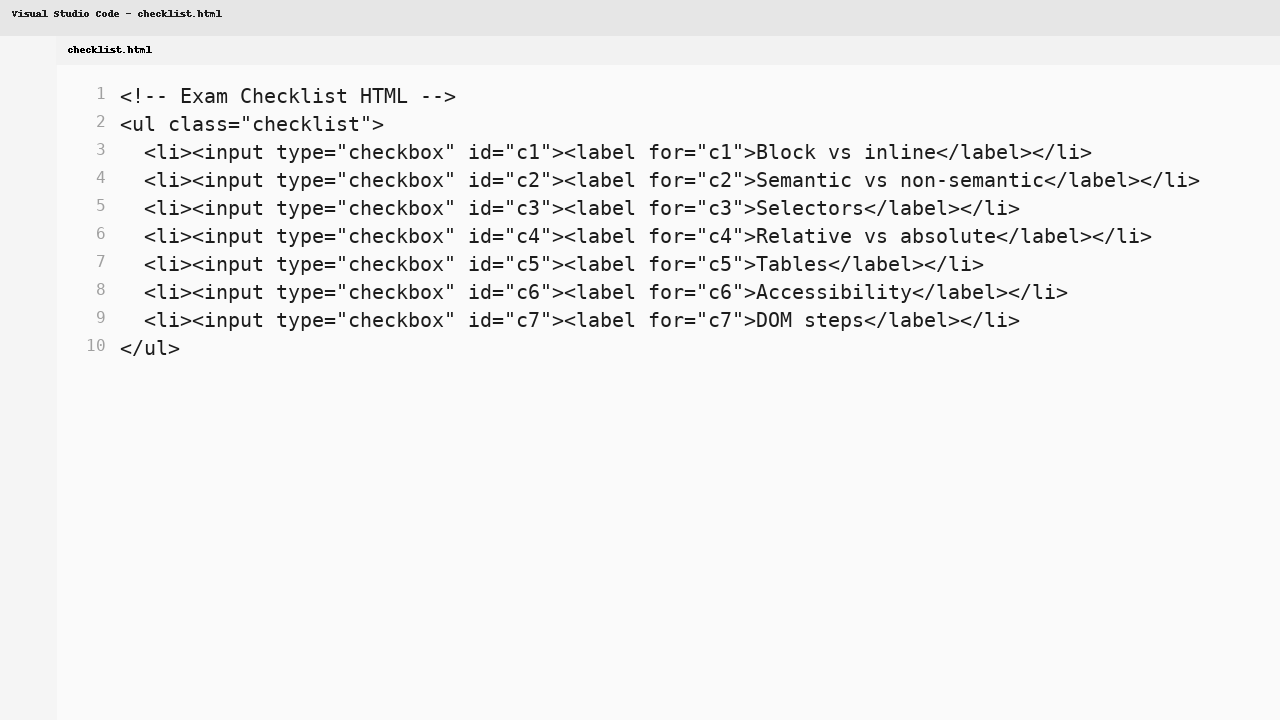 Checklist HTML code in VS Code-like image