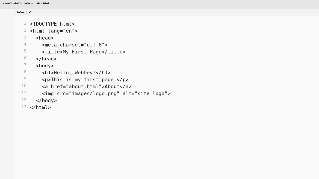 HTML code in VS Code showing basic tags